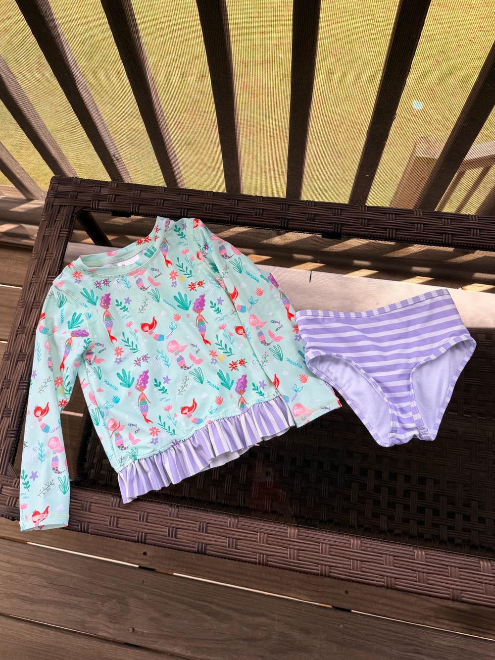 Rufflebutts Kids Mint Mermaid Rash Guard Swim Set with Lavender Stripes Size 5